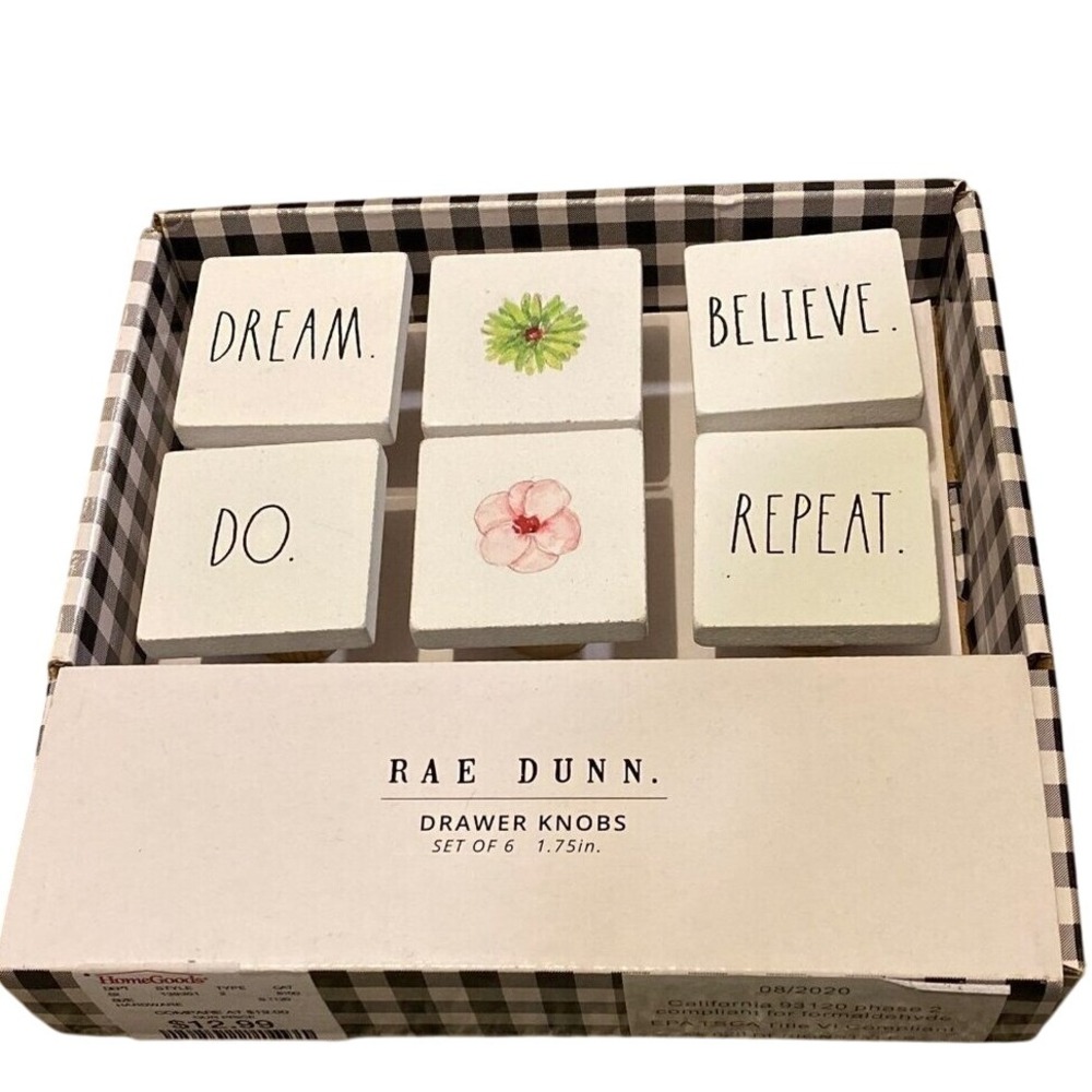 Rae Dunn Drawer Knobs Set Of 6 1.75in White With Inspirational Text & Floral Des